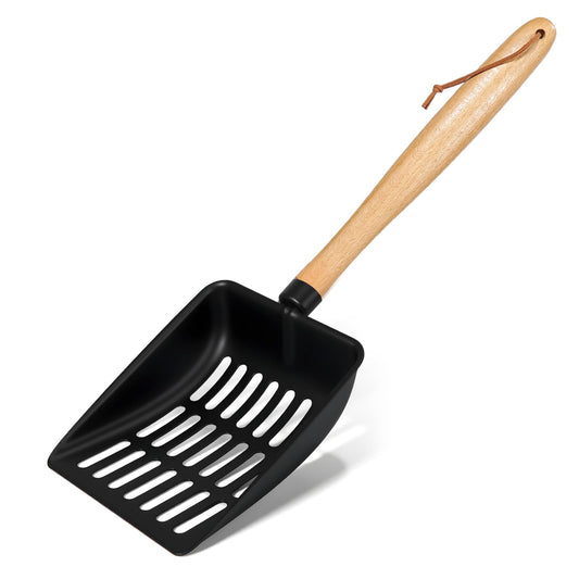 Cat Litter Scoop, Metal Litter Scoop with Holder, Heavy Duty Metal Cat Scooper for Litter Box, Black Sifter Scoop for Pellets, Wooden Handle Scoop with Hole, Kitty Necessity (9.8" Handle with Holder)