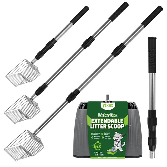 XBX Long Handle Cat Litter Scoop with Holder, Adjustable Extendable Metal Litter Scooper, Stainless Steel Shovel Sifter for Litter Box Cleaning, Durable Cat Pooper Scooper for Home Use