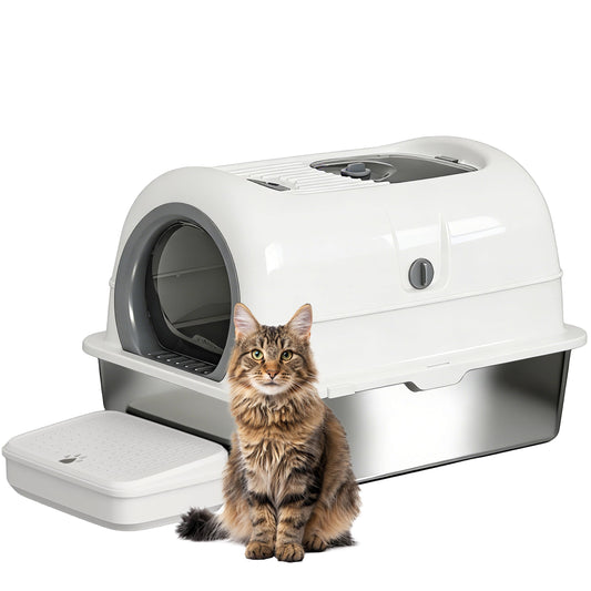 Low Entry High Sided Large Enclosed Cat Litter Box, Stainless Steel Litter Pan with Lid, 3-in-1 Covered Design with Pedal, 23.6x16x15.8 Inch, for Senior Kittens & Multiple Cats(Dark Gray)