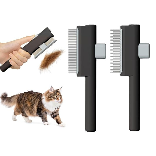 Marchul 2Pcs Pet Comb Flea Comb Set for Cats Dogs, Cat Grooming Brush with Release Button and Stainless Steel Round Teeth, Self-Cleaning Dog Combs for Removing Pet Hair, Knots & Loose Fur, Black