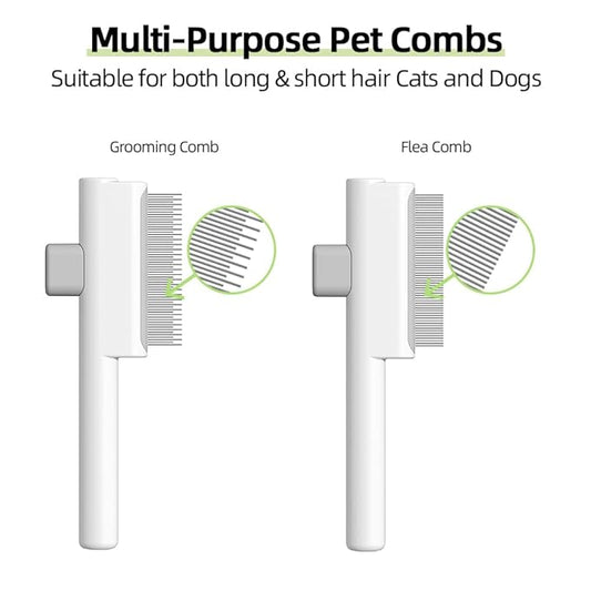 Marchul 2Pcs Pet Comb Flea Comb Set for Cats Dogs, Cat Grooming Brush with Release Button and Stainless Steel Round Teeth, Self-Cleaning Dog Combs for Removing Pet Hair, Knots & Loose Fur, White