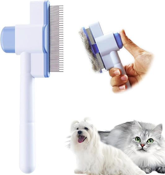Cat Comb Pet Comb Self Cleaning Upgraded Cat Brush for Long Haired Cats & Dogs, Blue