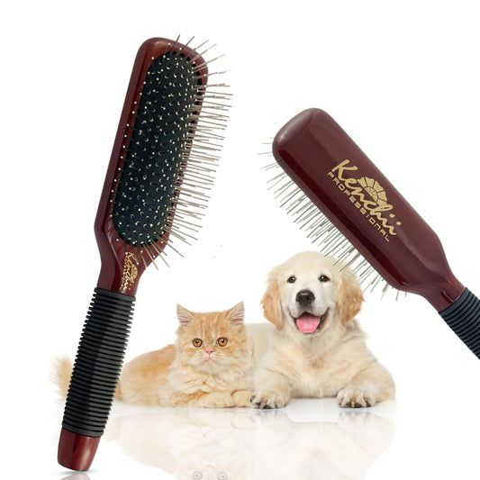 Kenchii Pet Grooming Metal Pin Brush | Solid Wood, Non-Slip Grip Detangling and Shedding Tool for Long or Short Haired Pets - Large Oblong Size