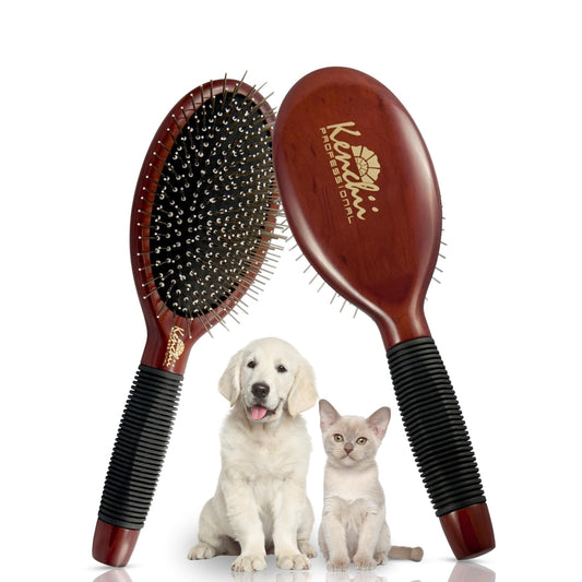 Kenchii Pet Grooming Metal Pin Brush | Solid Wood, Non-Slip Grip Detangling and Shedding Tool for Long or Short Haired Pets - Large Oblong Size